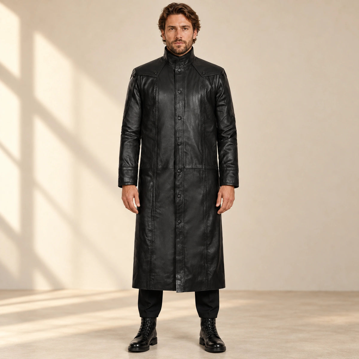 Man wearing the Nightwarden black Napa leather trench coat from the front