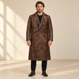 Man wearing the Prestwick dark brown leather long coat from the front