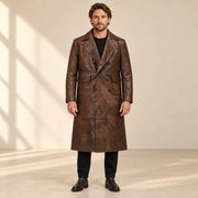Man wearing the Prestwick dark brown leather long coat from the front