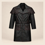 MOTOGRIP Redmere men's Black Quilted Sheepskin Leather Trench Coat, front view.