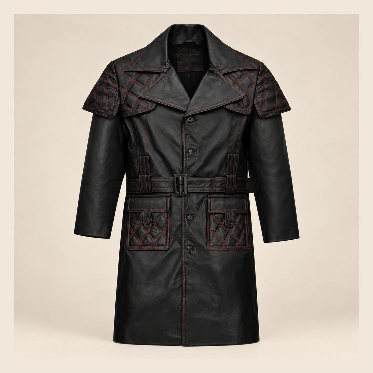 MOTOGRIP Redmere men's Black Quilted Sheepskin Leather Trench Coat, front view.
