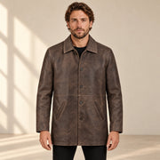 Man wearing the Winfield brown Napa leather coat from the front