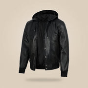 Men's Black Leather Varsity Jacket With Hood - product front view by MOTOGRIP GEAR