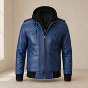 Men's Blue Removable-Hood Lambskin Leather Bomber Jacket - product front view by MOTOGRIP GEAR