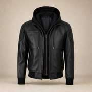 Men's Black Quilted-Shoulder Removable-Hood Lambskin Bomber Jacket - product front view by MOTOGRIP GEAR
