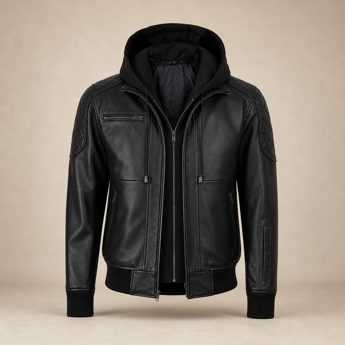 Men's Black Quilted-Shoulder Removable-Hood Lambskin Bomber Jacket - product front view by MOTOGRIP GEAR