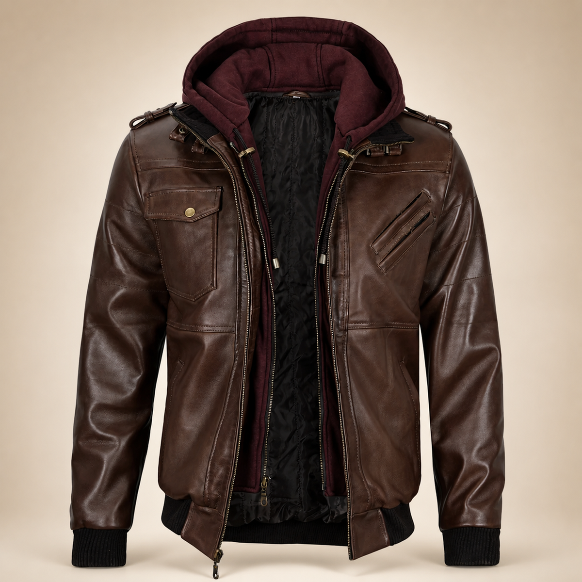 Men's Dark Brown Lambskin Bomber Jacket With Removable Burgundy Hood - product front view by MOTOGRIP GEAR