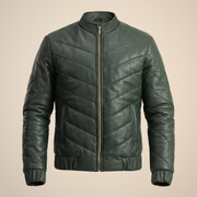 Men's Deep Green Chevron Quilted Sheepskin Leather Puffer Jacket - product front view by MOTOGRIP GEAR
