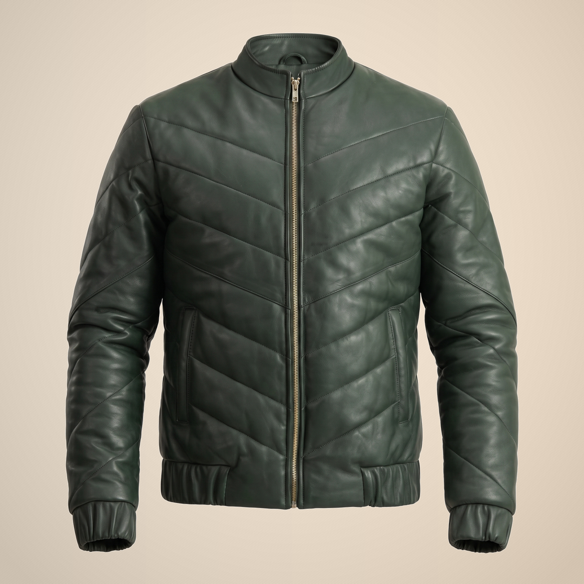 Men's Deep Green Chevron Quilted Sheepskin Leather Puffer Jacket - product front view by MOTOGRIP GEAR