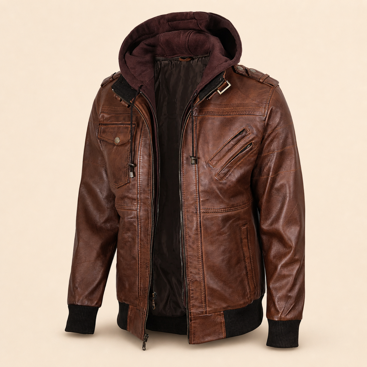 Men's Cognac Brown Removable-Hood Lambskin Leather Bomber Jacket - product front view by MOTOGRIP GEAR