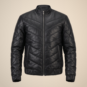 Men's Black Chevron Quilted Sheepskin Leather Puffer Jacket - product front view by MOTOGRIP GEAR