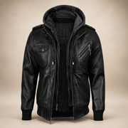 Men's Black Lambskin Leather Bomber Jacket With Removable Grey Hood - product front view by MOTOGRIP GEAR
