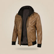 Men's Camel Brown Leather Jacket With Removable Hood - product front view by MOTOGRIP GEAR