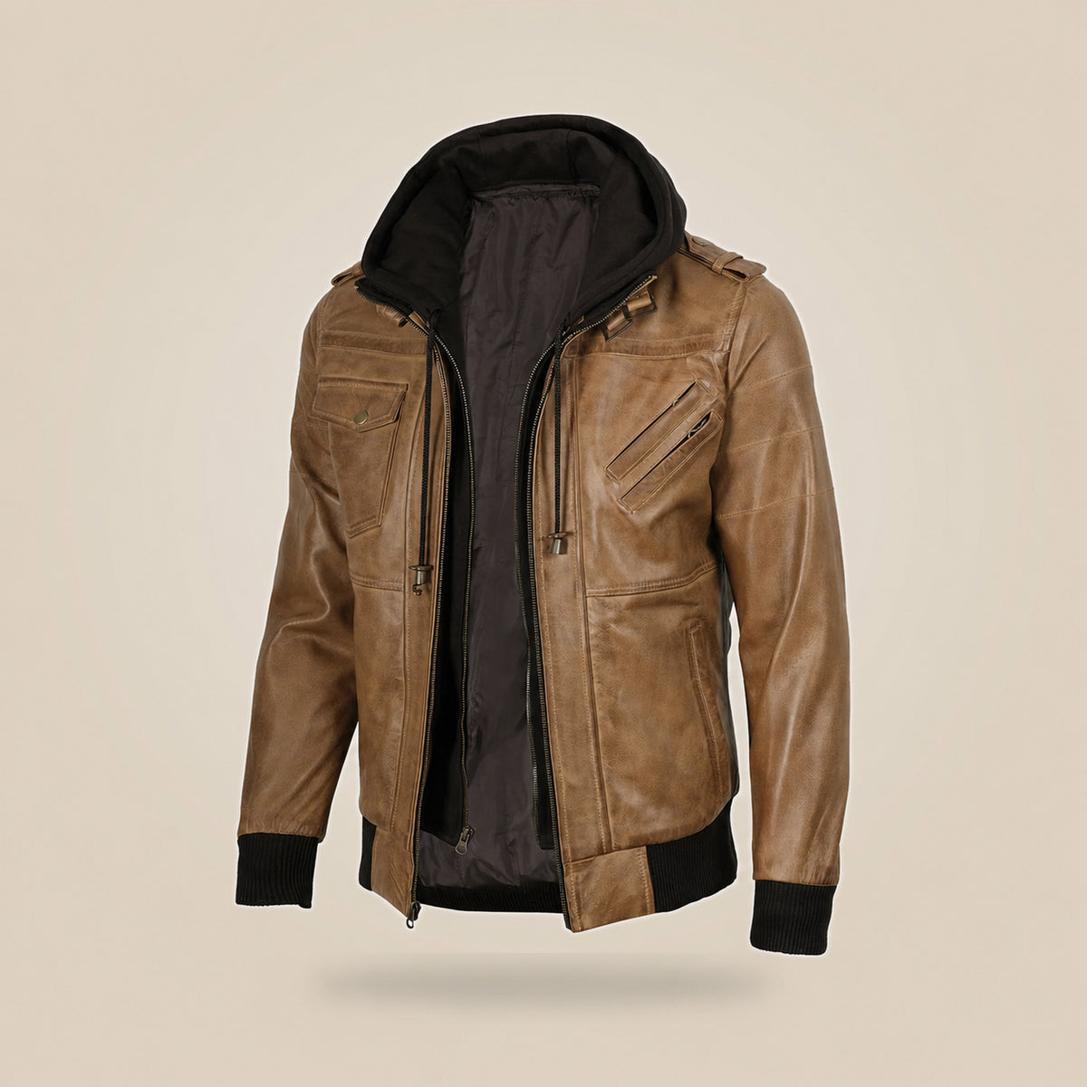 Men's Camel Brown Leather Jacket With Removable Hood - product front view by MOTOGRIP GEAR