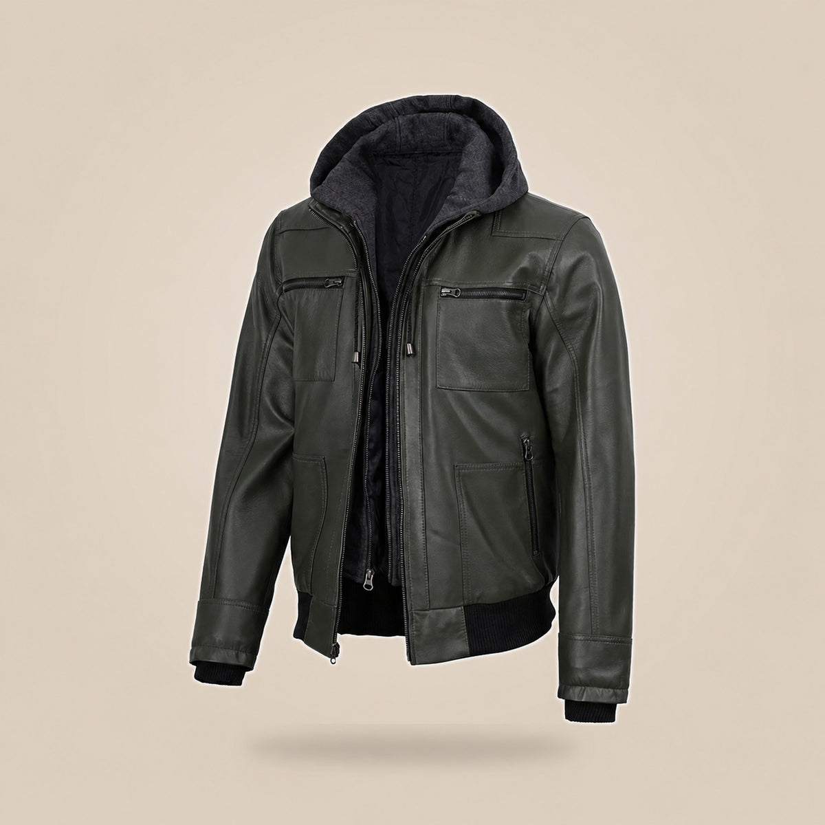 Men's Olive Green Real Leather Jacket With Removable Hood - product front view by MOTOGRIP GEAR