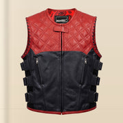 Men's Red & Black SWAT Cowhide Leather Motorcycle Vest - red black swat leather vest product front view by MOTOGRIP GEAR