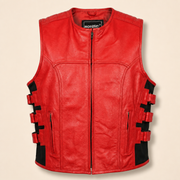 Men's Red SWAT Cowhide Leather Motorcycle Vest - red swat leather vest product front view by MOTOGRIP GEAR