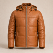 Men's Semi-Aniline Sheepskin Leather Hooded Puffer Jacket - tan product front view by MOTOGRIP GEAR