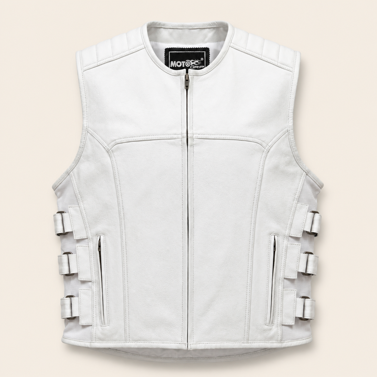 Men's White SWAT Cowhide Leather Motorcycle Vest - white swat leather vest product front view by MOTOGRIP GEAR