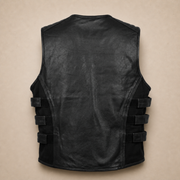 Men's Black SWAT Cowhide Leather Motorcycle Vest - black swat leather vest product back view by MOTOGRIP GEAR