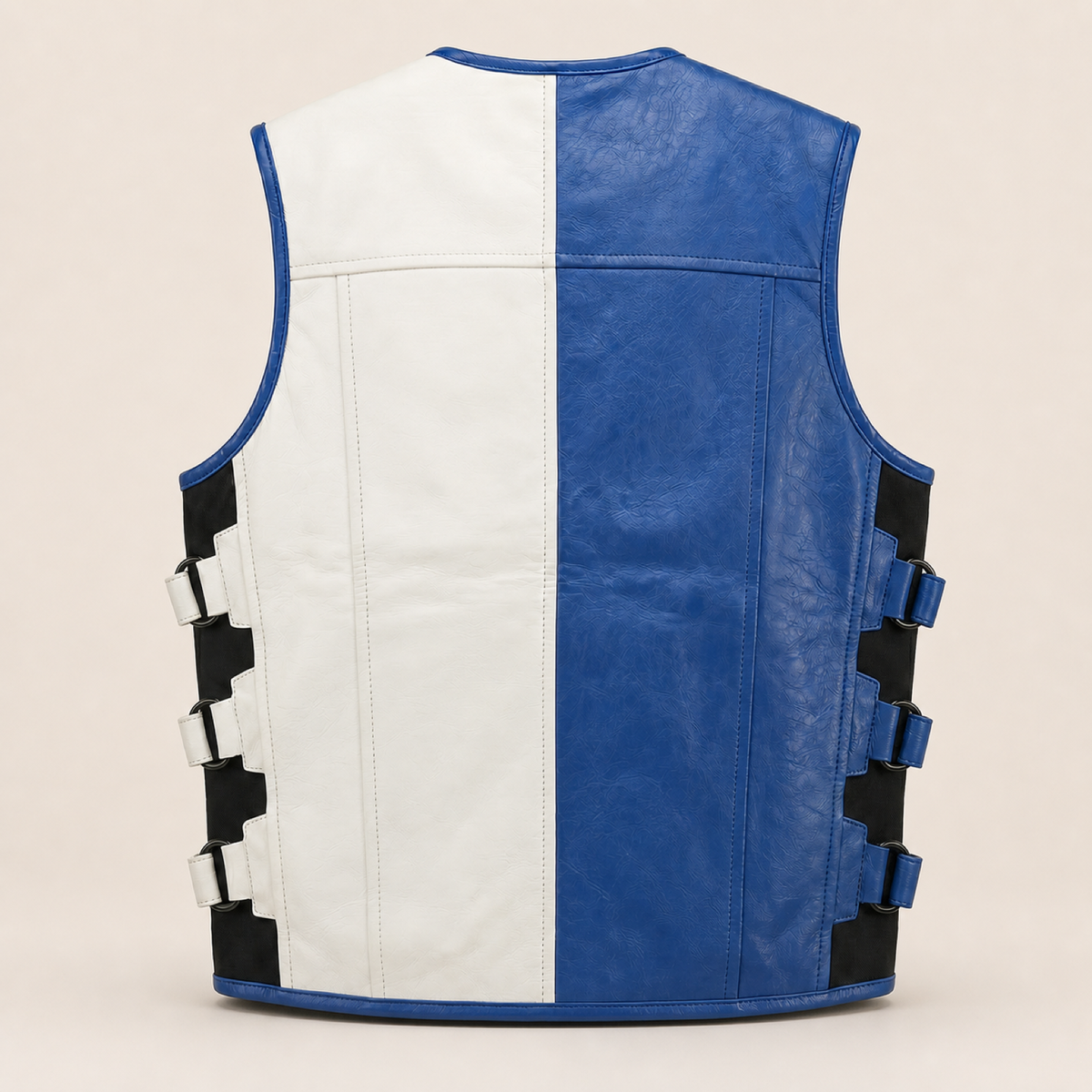 Men's Blue & White Buckle-Side Cowhide Leather Motorcycle Vest - blue white buckle cowhide vest product back view by MOTOGRIP