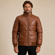 Men's Semi-Aniline Sheepskin Leather Puffer Bomber Jacket - brown model close front view by MOTOGRIP GEAR
