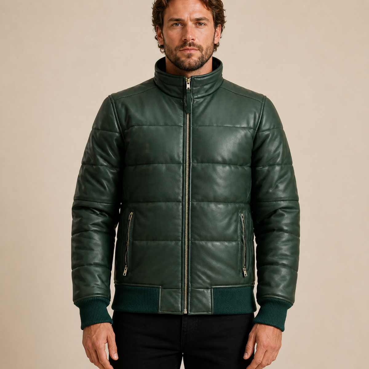 Men's Semi-Aniline Sheepskin Leather Puffer Bomber Jacket - forest green model close front view by MOTOGRIP GEAR