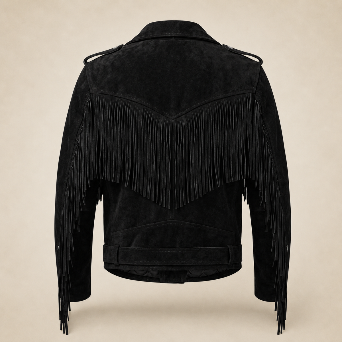 Men's Suede Fringe Biker Jacket - mens black suede fringe biker jacket product back view by MOTOGRIP GEAR