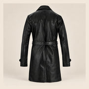 MOTOGRIP Bramwell men's 1970s Black Leather Trench Coat, back view.