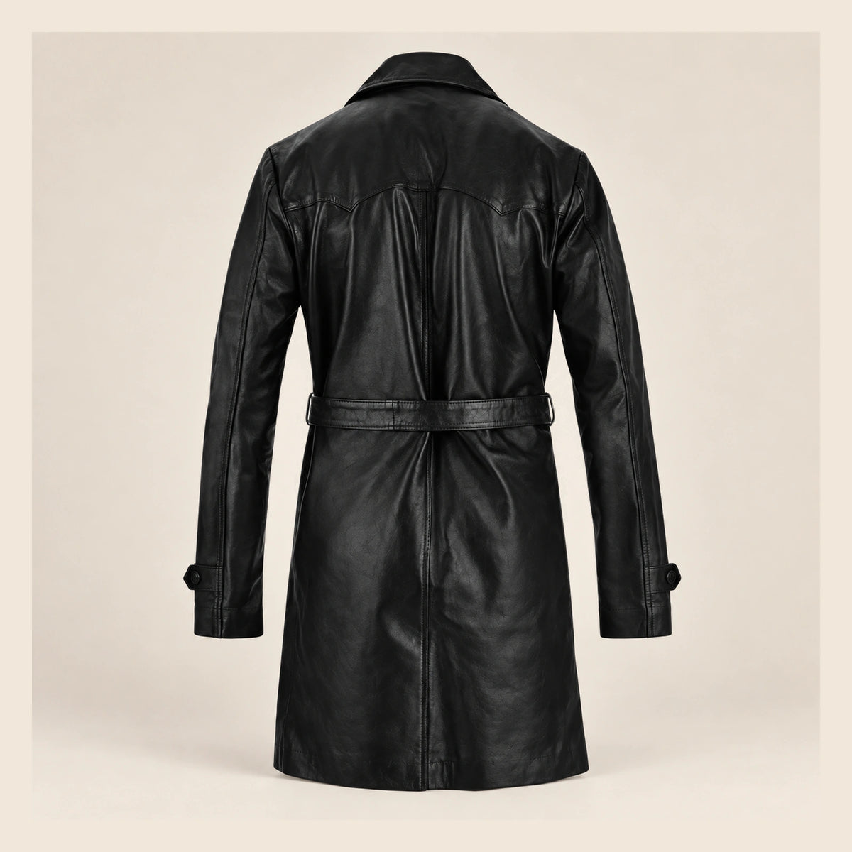 MOTOGRIP Bramwell men's 1970s Black Leather Trench Coat, back view.