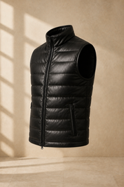 Men's Black Quilted Lambskin Leather Puffer Vest - motogrip mens black lambskin leather puffer vest side view by MOTOGRIP GEA