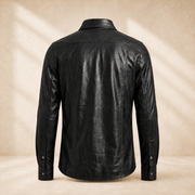 Men's Black Lambskin Leather Biker Shirt - motogrip mens black lambskin leather shirt back view by MOTOGRIP GEAR