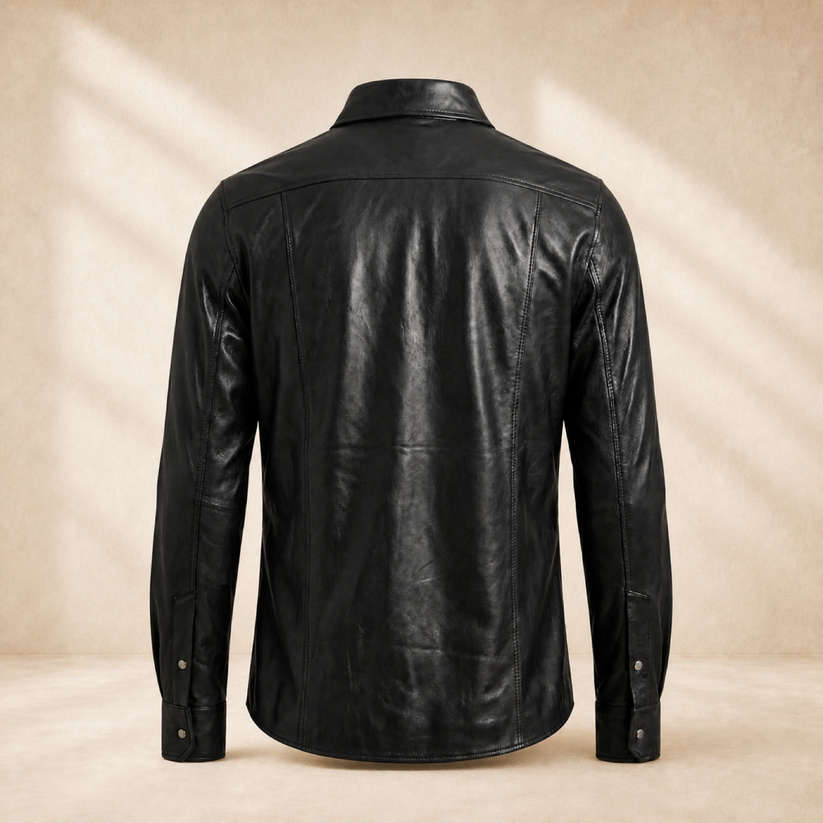 Men's Black Lambskin Leather Biker Shirt - motogrip mens black lambskin leather shirt back view by MOTOGRIP GEAR