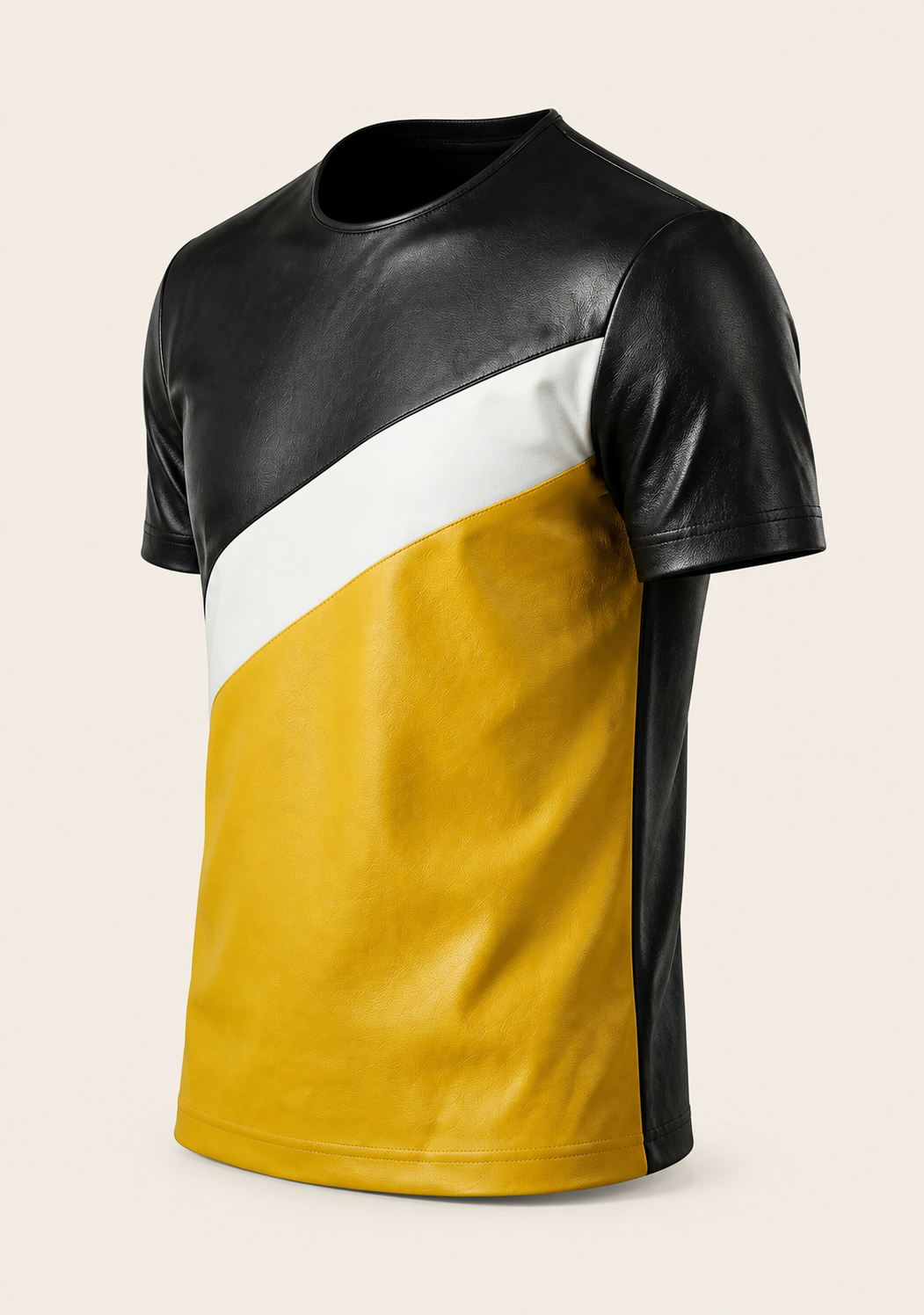 MOTOGRIP men's color-block lambskin leather T-shirt shown from the side