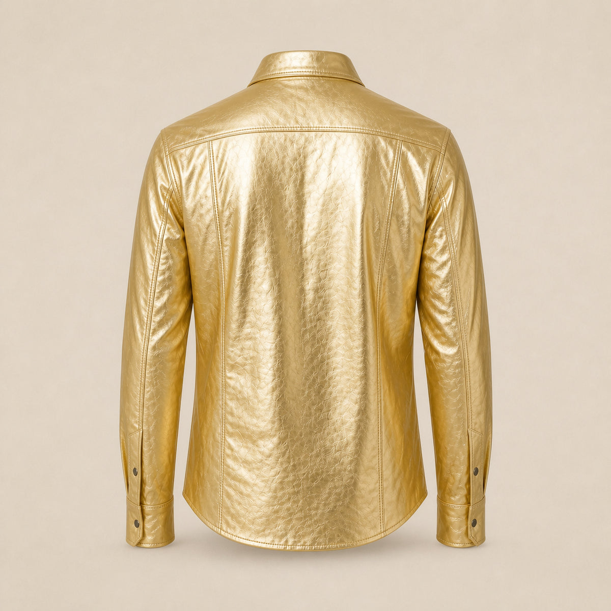 Men's Metallic Gold Lambskin Leather Shirt - motogrip mens metallic gold lambskin leather shirt product back view by MOTOGRIP