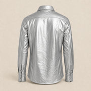 Men's Metallic Silver Lambskin Leather Shirt - motogrip mens metallic silver lambskin leather shirt product back view by MOTO