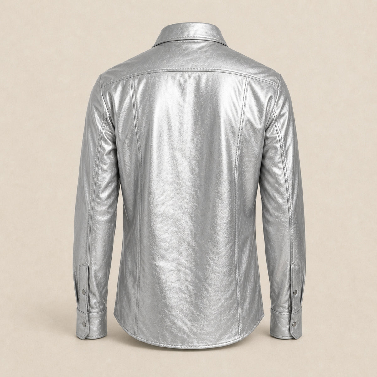 Men's Metallic Silver Lambskin Leather Shirt - motogrip mens metallic silver lambskin leather shirt product back view by MOTO