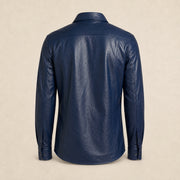 Men's Navy Lambskin Leather Shirt - motogrip mens navy lambskin leather shirt product back view by MOTOGRIP GEAR