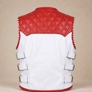 Men's White & Red Quilted Cowhide Leather Motorcycle Vest - motogrip mens red white quilted swat leather vest product back vi