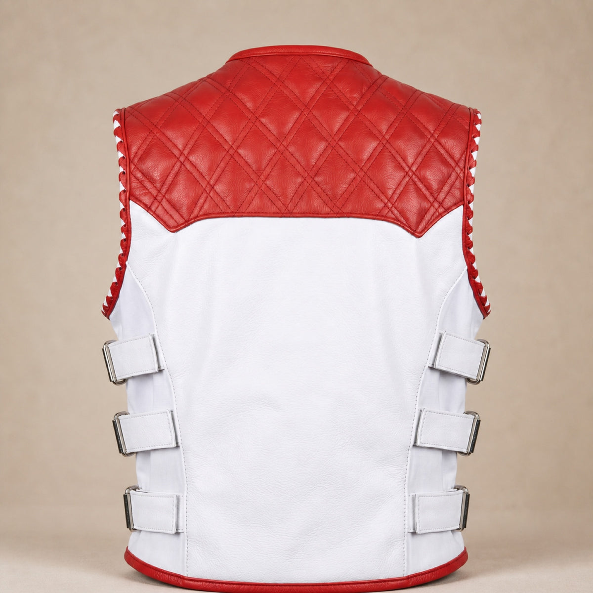 Men's White & Red Quilted Cowhide Leather Motorcycle Vest - motogrip mens red white quilted swat leather vest product back vi