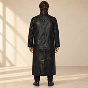 Man wearing the Nightwarden black Napa leather trench coat from the back