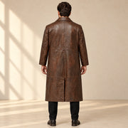 Man wearing the Prestwick dark brown leather long coat from the back
