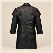 MOTOGRIP Redmere men's Black Quilted Sheepskin Leather Trench Coat, back view.