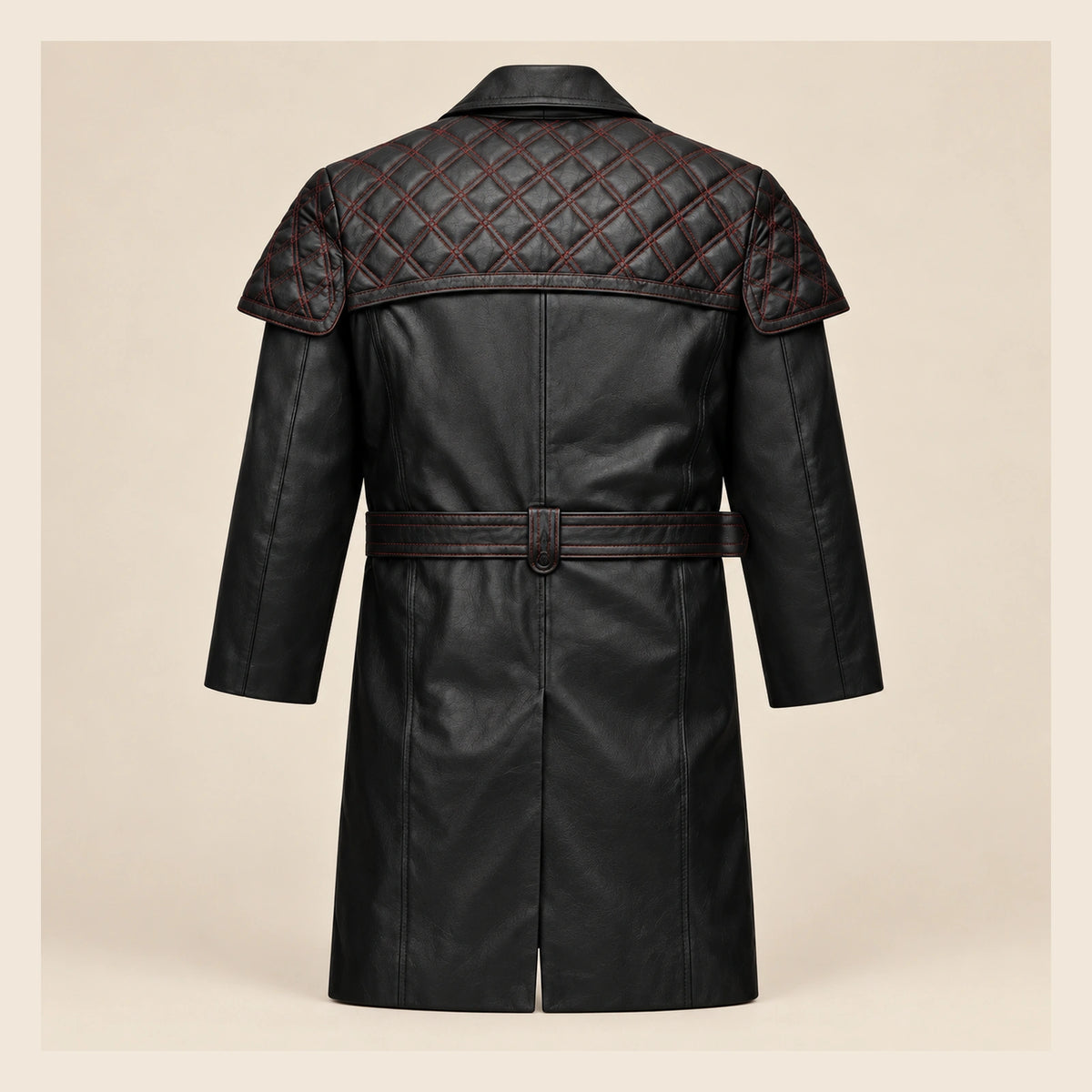 MOTOGRIP Redmere men's Black Quilted Sheepskin Leather Trench Coat, back view.