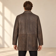 Man wearing the Winfield brown Napa leather coat from the back