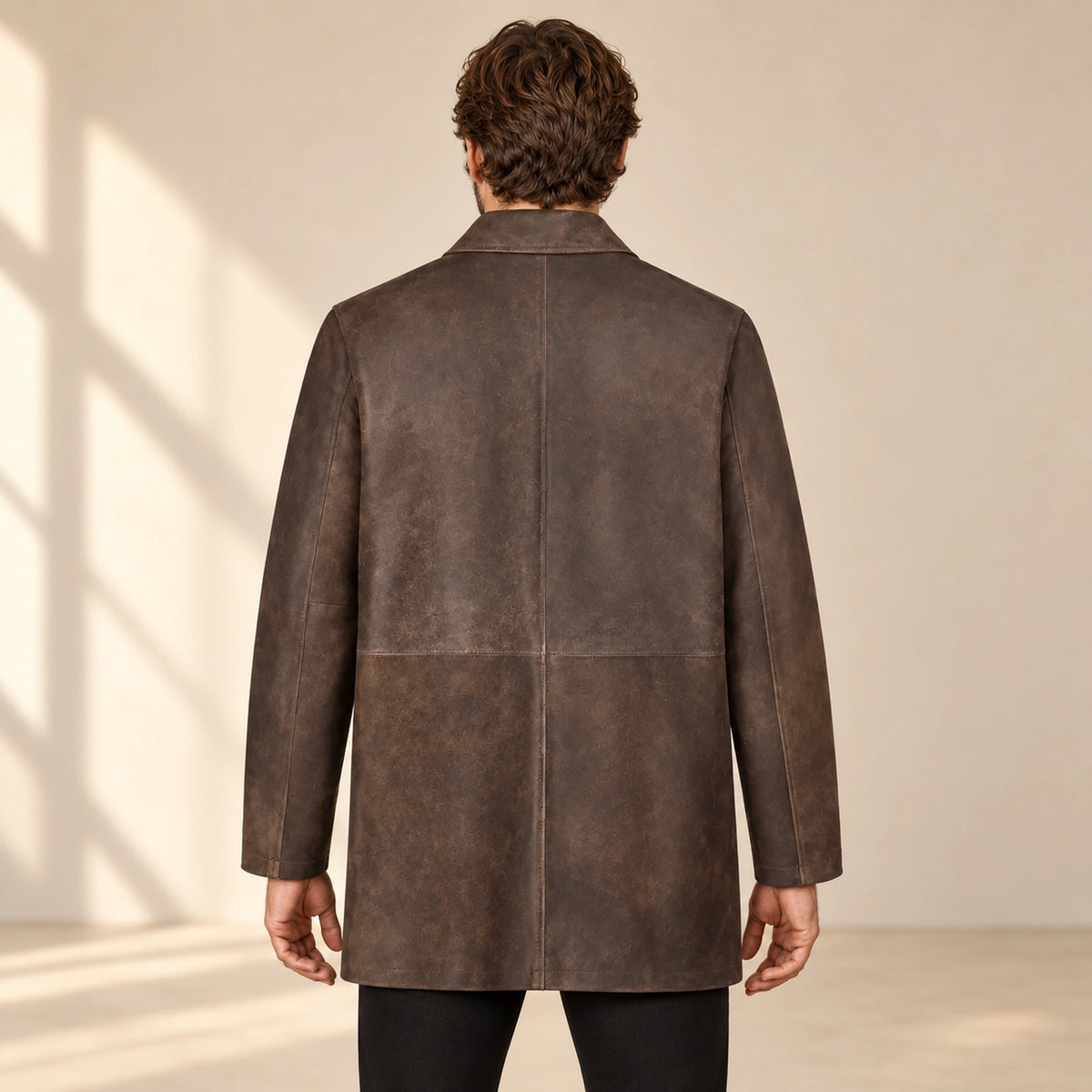 Man wearing the Winfield brown Napa leather coat from the back