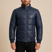 Men's Semi-Aniline Sheepskin Leather Puffer Bomber Jacket - navy blue model close front view by MOTOGRIP GEAR