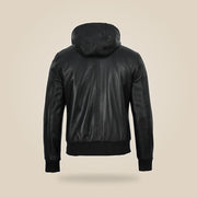 Men's Black Leather Varsity Jacket With Hood - product back view by MOTOGRIP GEAR