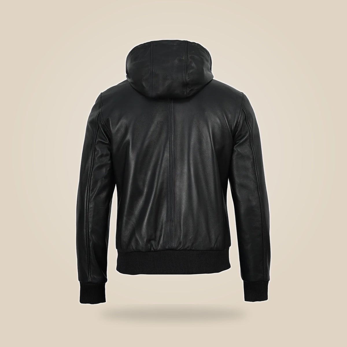 Men's Black Leather Varsity Jacket With Hood - product back view by MOTOGRIP GEAR