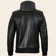 Men's Black and Charcoal-Grey Removable-Hood Lambskin Bomber Jacket - product back view by MOTOGRIP GEAR